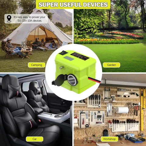Step Down Voltage Adapter For 18V Tool Battery To 5V-13V Adjustable Regulator shown in various usage settings