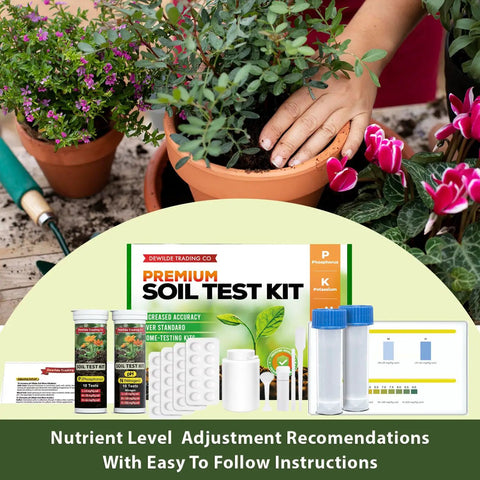 40 Test Soil Kit For Lawns Gardens And Vegetables With Ammonia Nitrogen pH Phosphorus And Potassium Readings displayed with plants