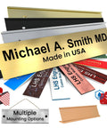 Custom Engraved Brushed Brass Office Door Name Plate And Personalized Desk Sign Featuring Sleek Metal Construction Easy Cubicle Wall Or Adhesive Mount For Bosses Crushing It Daily, with various colors and mounting options.