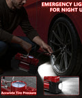 Person using Beefy Dual Cylinder Tire Inflator Air Compressor 150 PSI 12V DC Portable Car Pump with LED Light at night