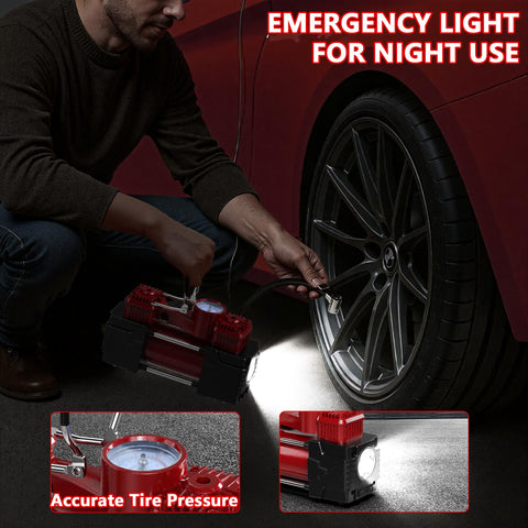 Person using Beefy Dual Cylinder Tire Inflator Air Compressor 150 PSI 12V DC Portable Car Pump with LED Light at night