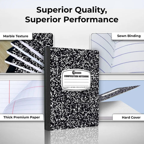 100 Pack Wide Ruled Composition Notebooks Bulk 200 Pages Each Hard Cover Black Marble Design showing notebook details.