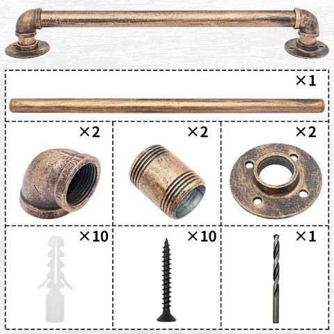 Straight Up Two Foot Wall Handrail For Indoor Staircases And Lofts Featuring 1.25 Inch Galvanized Steel Pipe With Slick Matte Black Powder Coat And Brushed Brass Vintage Vibes, components including connectors and screws.