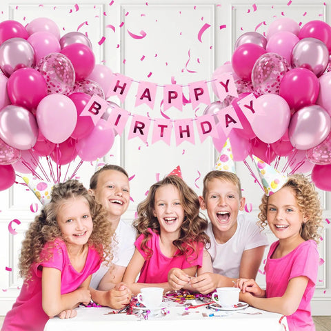 Children celebrating under 60 Pieces Hot Pink Balloons Set With Light Metallic Confetti 12 Inch Latex Balloons For Wedding Bridal Shower Baby Shower And Birthday Party Decor