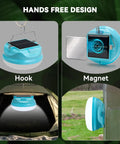 Hands-free design of Go To Solar Camping Light For Tent Power Outages, Rechargeable LED Lantern with hook and magnet features
