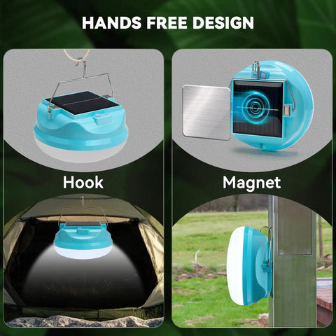 Hands-free design of Go To Solar Camping Light For Tent Power Outages, Rechargeable LED Lantern with hook and magnet features