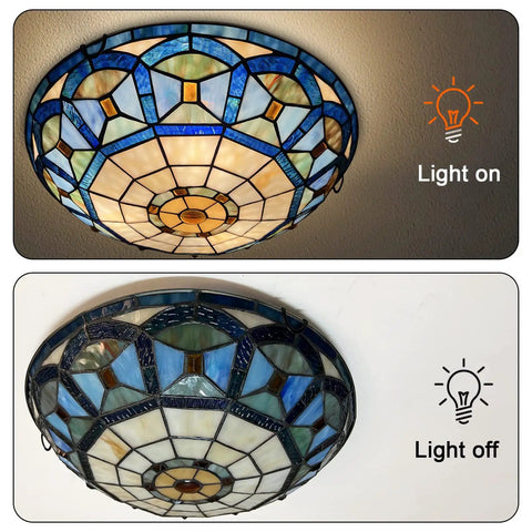 Three Light Tiffany Style Ceiling Fixture, 16 Inch Stained Glass Flush Mount with light on and off views