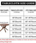 Tablecloth size guide for round tables with sizes from 36 to 60 inches, including image of a round wooden table.