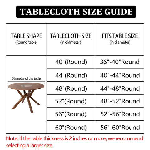 Tablecloth size guide for round tables with sizes from 36 to 60 inches, including image of a round wooden table.