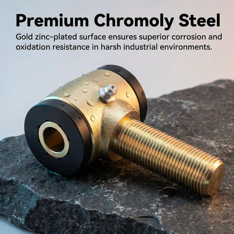 Heavy Duty Three Quarter Sixteen Thread Rod End Bushing Kit With Tough Polyurethane Sleeves And Left Right Heim Joints For Badass Suspension Builds And Custom Fabrication Rigs On The Road, showing premium gold zinc-plated chromoly steel.