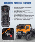 Six Wheel 6x6 RC Rock Crawler V1.5 1/18 with two-speed transmission and remote control, featuring detailed chassis and motor, tan.