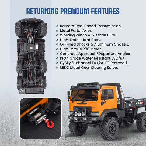 Six Wheel 6x6 RC Rock Crawler V1.5 1/18 with two-speed transmission and remote control, featuring detailed chassis and motor, tan.