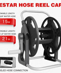 Portable Garden Hose Reel Cart For Fifty To Sixty Feet Of Five Eighth Inch Hose Outdoor Water Hose Holder Easy To Move, Space Saving Storage Rack For Yard Patio And Garage Use with hose capacity details and design features.