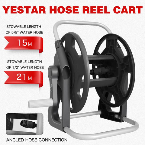 Portable Garden Hose Reel Cart For Fifty To Sixty Feet Of Five Eighth Inch Hose Outdoor Water Hose Holder Easy To Move, Space Saving Storage Rack For Yard Patio And Garage Use with hose capacity details and design features.