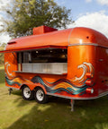 Turnkey Commercial Hot Dog Cart And Mobile Food Truck Trailer For Quick Bites Or Soft Serve With Pro Coffee Bar Setup and vibrant orange exterior.