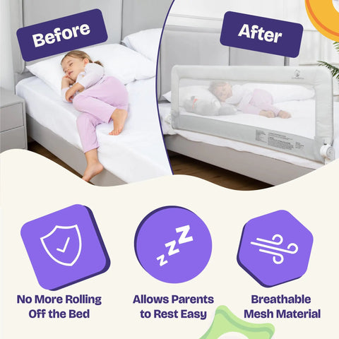 Before and after images of child sleeping with Keep Lil Ones Snuggled With This Smooth Swing Down Toddler Bed Rail.