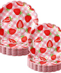 Totally Dope Pink Plaid Strawberry Print Disposable Paper Plates 60 Pack With 9 And 7 Inch Sizes stacked plates with strawberry design.
