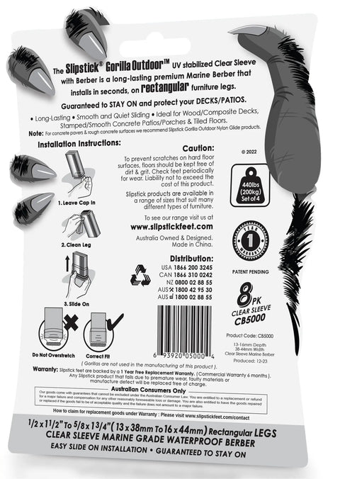Hella Durable Marine Grade Berber Furniture Slider Socks With Uv Shielded Clear Sheath For Medium Rectangular Legs 8 Pack packaging and installation instructions.