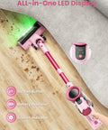 Cordless Stick Vacuum Cleaner With 50KPa Brushless Motor, pink design, LED display, cleaning hardwood floor beside rug.