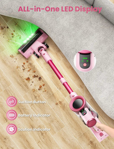 Cordless Stick Vacuum Cleaner With 50KPa Brushless Motor, pink design, LED display, cleaning hardwood floor beside rug.