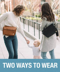 Two women using Crossbody Diaper Bag Tote and Baby Bottle Hip Pack with Adjustable Strap, stroller organizer in a park.