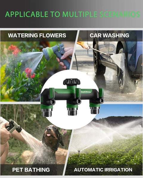 Heavy Duty Three Way Garden Hose Splitter With Shutoff Valve No Fuss And Three Quarter Inch GHT Threads Durable ABS With Metal Inlets And Outlets T Adapter Connector Outdoor Faucet Splitter Leak Free Easy To Use Green for watering, car washing, pet bathing