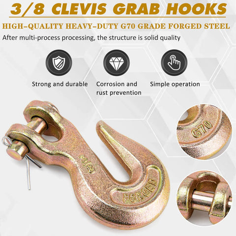 Three Eighths Inch Heavy Duty Chain Hook 6600 Lbs G70 Clevis Grab Hook for Trailer and Truck Tow Chains with Yellow Chromate Finish
