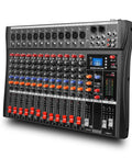 GX12 12 Channel Pro Mixer Console With USB Bluetooth MP3 Input And 48V Phantom Power for live events, angled front view.