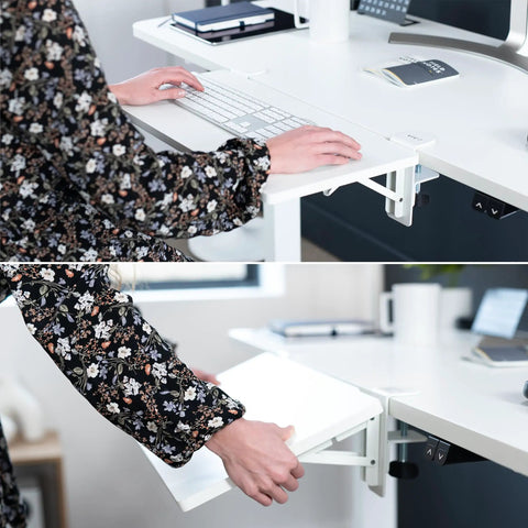 Person using White Clamp On Desk Extender For A Sweet Home Office Upgrade Foldable Desktop Shelf with keyboard