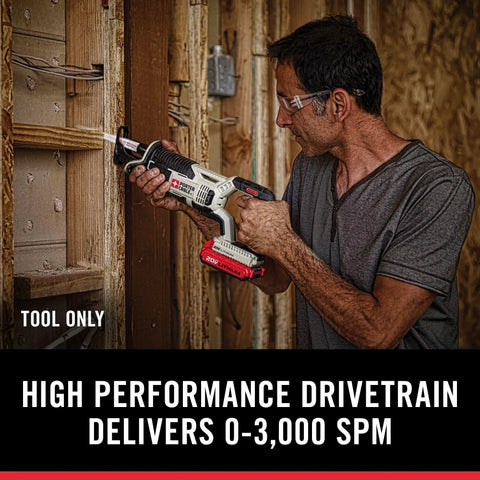 Compact 20V Max Cordless Reciprocating Saw With Variable Speed And Quick Release Blades in action on wood.