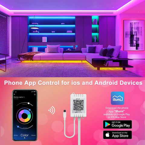 Living room with 50 Feet LED Strip Lights for Bedroom With Music Sync Color Changing Smart App Control shown on phone app