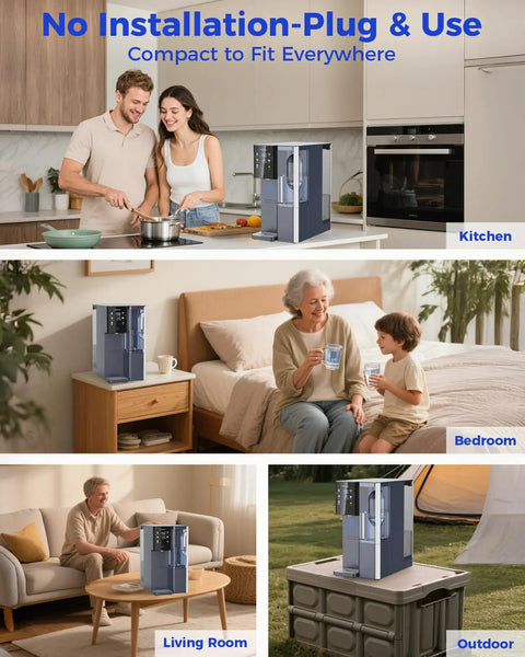 Compact Countertop Instant Hot And Cold Water Dispenser Featuring Premium Reverse Osmosis Filtration displayed in kitchen, living room, bedroom, and outdoor settings.