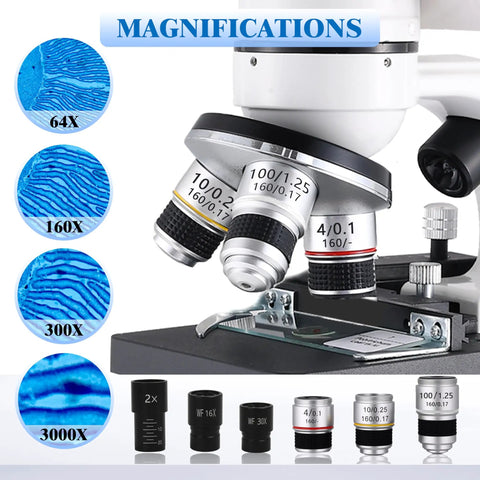 Dual LED Binocular Microscope For Students And Grownups, 64X-6000X Magnification, 3 Objective Lenses, Sturdy Metal Body, Dope Dual Illumination, Perfect For School Lab And Home Science Projects shown with 64X, 160X, 300X, 3000X views