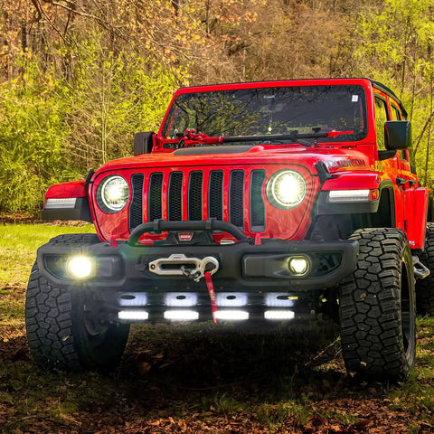 Beefy 4 Pack 18W Six Inch Flood LED Pods Waterproof Off Road Fog Light Bar With 16AWG Wiring Harness Kit For Boat SUV ATV 4WD Car Truck Golf Cart 12V 24V Four Leads on red Jeep