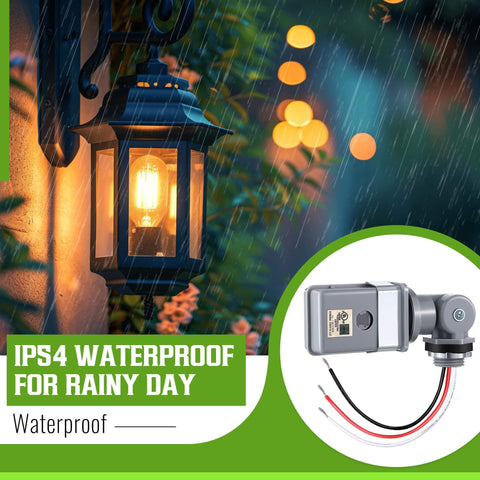 Image of IP54 waterproof 4 Pack Photocell Sensor For Outdoor Lights, 120V AC 50 60 Hz, rotatable dusk to dawn switch next to lantern.