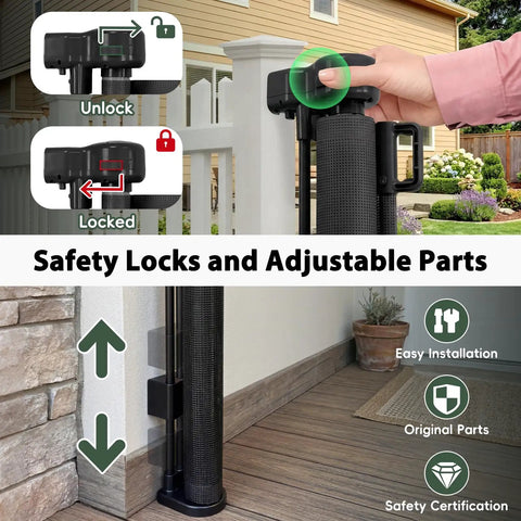 Safety locks and adjustable parts of Extra Wide Retractable Baby Gate for mega garages and wide driveways in matte black.