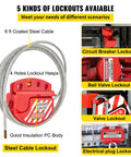 Five kinds of lockouts showing steel cable, circuit breaker lockout, ball valve lockout, valve lockout, and electrical plug lockout.