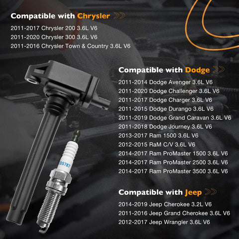 Dodge 3.6L V6 Ignition Coil Packs And Spark Plugs Set Of 6 For 2011-2019 Chargers Grand Caravans Challengers Durangos Ram 1500 Jeeps And More Replaces UF648 compatibility list