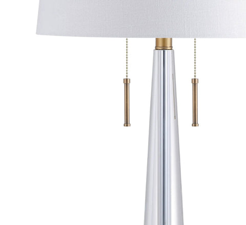 Close-up of Crystal LED Table Lamp In Clear And Brass Gold Finish, 29.5 Inch Two Light Contemporary Glam Bedside Lamp With White Linen Drum Shade
