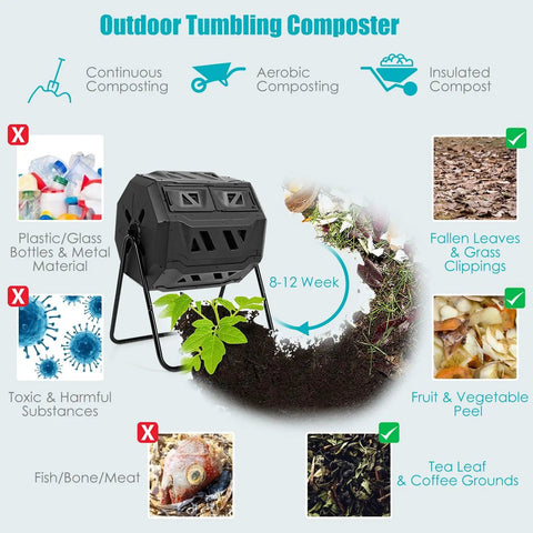 43 Gallon 163L Dual Chamber Compost Tumbler with sliding doors, stable metal frame, 360-degree rotation outdoor garden bin