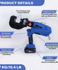 No Sweat Heavy Duty Electric Hydraulic Cable Lug Crimper 12 Ton Terminal Crimping Pliers features buttons and battery lock.