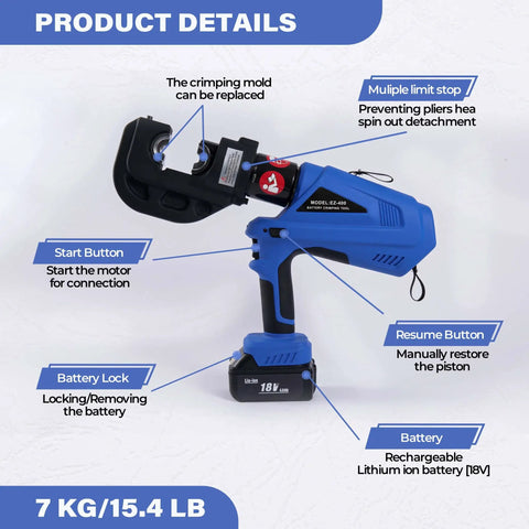 No Sweat Heavy Duty Electric Hydraulic Cable Lug Crimper 12 Ton Terminal Crimping Pliers features buttons and battery lock.
