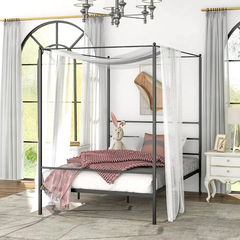 Full Size Metal Canopy Bed Frame With Modern Four Poster Silhouette And Sleek Headboard Matte Black Finish featuring a cozy bedroom setting.