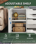 Interior of Five Drawer Wood Storage Cabinet With Wheels And Adjustable Shelf, showing shelves with decor items.