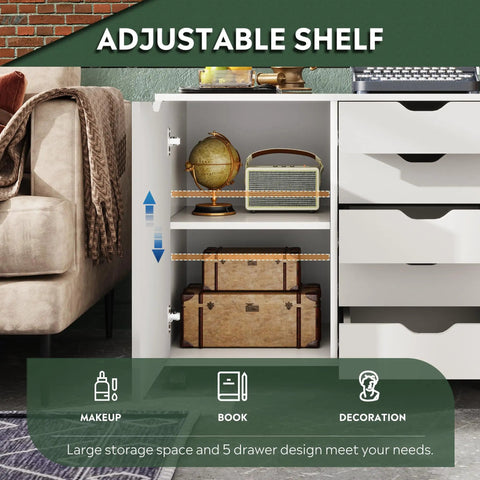 Interior of Five Drawer Wood Storage Cabinet With Wheels And Adjustable Shelf, showing shelves with decor items.