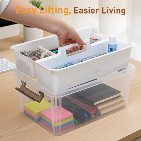 17 Quart Clear Plastic Storage Bins With Four Compartment Removable Tray, Stackable Latching Box In Use