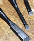 Heavy Duty Japanese Wood Chisel One Inch Hand Forged White Steel Number Two Blade, showing sharp edges for mortising projects.