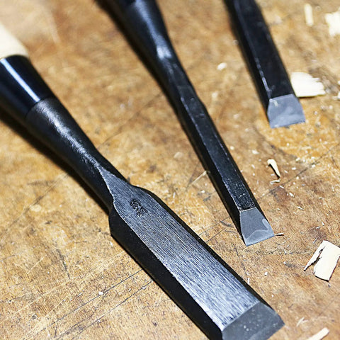 Heavy Duty Japanese Wood Chisel One Inch Hand Forged White Steel Number Two Blade, showing sharp edges for mortising projects.