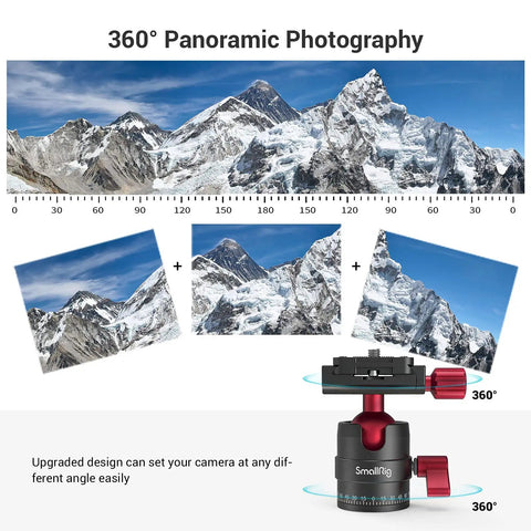 360 Degree Panoramic Ball Head With 1/4 Inch Quick Shoe Plate, travel mount for tripod, showing panoramic photo capability.