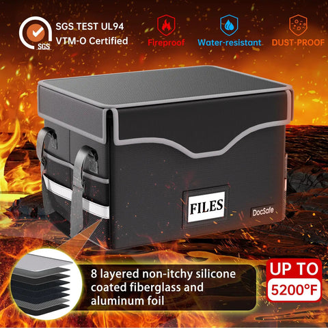 Beefed Up 5200F Fireproof Document Lockbox With Heat Insulation For Home Office, black portable organizer with handle and pockets